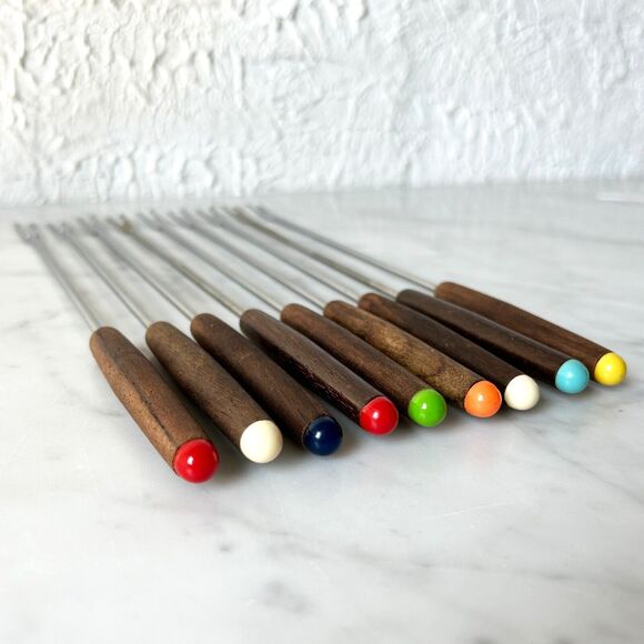 Vintage Fondue Forks 9 Stainless Steel w/Wood Handles-6 in Original Box+3 Extra - Picture 2 of 8